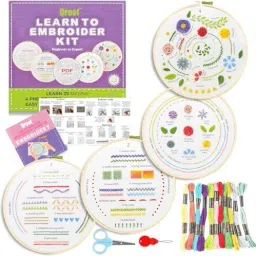 Diy Beginners Embroidery Cross Stitch -4 Patterns Fabric Set, Hoop, Threads-32