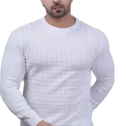 feverfew Men Self Design Round Neck White Sweater-picture-12