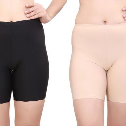 Pack of 2 Solid Women Black, Beige Cycling Shorts-image-3