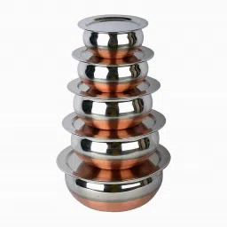 Stainless Steel, Copper Storage Bowl Perfect Copper Handi Set for Everyday Use Whether you want to cook a delicious serving of your favourite sabzi or heat leftover curries from the previous day, the 5-piece copper handi set, Prabhu Chetty, Curved Copper Plate at Bottom, Best Quality Stainless Steel Copper Bottom 5 Pic Handi Pot Set, Brown & Steel,Pot Pan Set Combo / Tope / Patila/ Tapeli / Sauce & Chetty Roasting Fry Milk Pan Kadai Multi Use American Bowl 5 Pic Handi Copper Vegetable Bowl ,Cooking Dinner Table Serving Biryani Pot Handi Kadhai , Panikarilikka Steel Handi 5 Pices Sets Handi 0.65 L, 0.85 L, 1.23 L, 1.83 L, 2.45 L (Stainless Steel) Stainless Steel Storage Bowl-picture-12