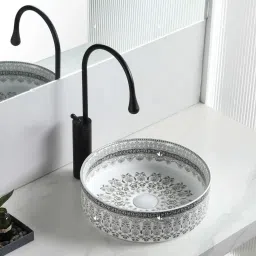 Moroccan Premium Ceramic Counter top basin Glossy Round (15X15X5.5 inch)6662 Table Top Basin-image-12