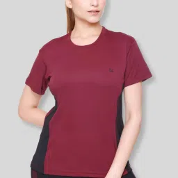 Women Colorblock Round Neck Polyester Maroon T-Shirt-image-22