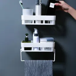 Homes No Drilling Self Adhesive Bathroom Organizer Shelves with Towel Hanger Plastic Wall Shelf-image-44