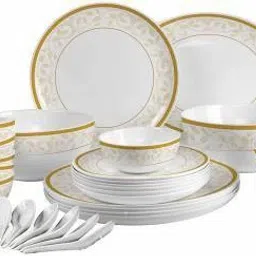 Pack of 33 Opalware Amber Gold {{ Full Plate - 6 Pcs || Quarter Plate - 6 Pcs || Veg Bowl - 6 Pcs || Soup Bowl - 6 Pcs || Serving Bowl - 2 Pcs || Rice Plate - 1 Pcs || Dinner Spoon - 6 Pcs }} Dinner Set-14