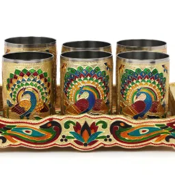 navrang Lemon Set Meenakari Tray WIth Handle Serving Tray Set Glass Tray Set image 3