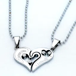 Silver Chain Pendant For Couple Heart Shape Valentine Special Pendent Set Couple Silver Stainless Steel Pendant Set-image-29