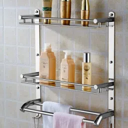 Stainless Steel Multi-use Rack / Bathroom Shelf / Kitchen Shelf / Bathroom Stand / Bathroom Rod - 3 Shelves Soap Plat, shampoo stand & Cloth Hook Stainless Steel Wall Shelf-image-14