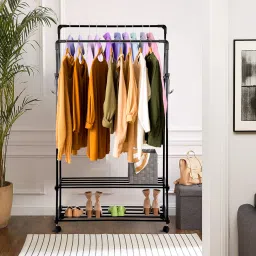 Steel Floor Cloth Dryer Stand Metal Cloth Rail with 10 Side Hooks and 2 Lower Shelves-16