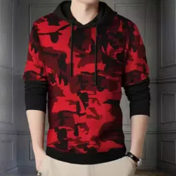 Men Military Camouflage Hooded Neck Cotton Blend Red T-Shirt-image-67