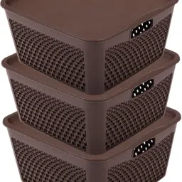 Plastic Multipurpose Square Plastic Storage Baskets with lid Medium Pack of 3 (Brown) Storage Basket-image-26