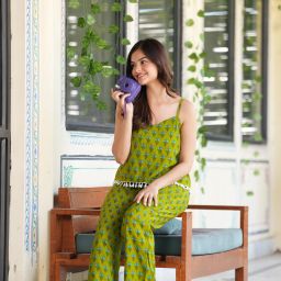 Women Top & Pyjama Set Green Floral Print, Colorblock-8