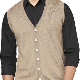 raymond Men Solid V Neck Beige Sweater-picture-42