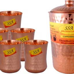 Shinee Hammer Luxury Design Pure Copper Jug with Glass Set - ( Capacity - 2.2 Liter ) - 7 Pieces Drinkware Set Jug Glass Set-image-88