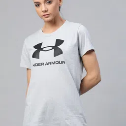 UNDER ARMOUR Women Grey Melange & Black Live Sportstyle Graphic Brand Logo Print T-shirt-image-82