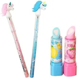 Combo of 2 Unicorn Pencil and 2 Lipstick Shape Eraser| Beautiful Attractive. Non-Toxic Eraser-14
