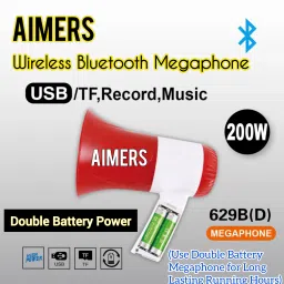 aimers luetooth Megaphone (Red-White) Indoor, Outdoor PA System (200 W) Megaphone Speaker, USB Memory Card Input For Announcing Talk Record Play Indoor, Outdoor PA System image 2
