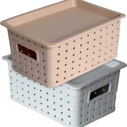 Plastic BPA Free Small Trendy Storage Basket With Lid|Color-Gray,Beige|Pack of 2 Storage Basket-14