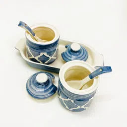 shadowgreen Ceramic Jar set 2 Jar with Lid 2 Spoon 1 Tray multipurpose Grey Design Container Serving Set image 3