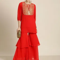 Women Flared Red Georgette Trousers-image-14
