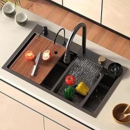 Nano Stainless Steel Handmade Kitchen Sink with Integrated Waterfall and Pull-Down Faucets/Soap Dispenser/ 2-Drain Basket, Smart Sink 30x18x9 Inches Vessel Sink-image-78