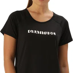 enamor Dry Fit, Antimicrobial & Raglan Sleeves E163 Basic Active Women Typography Round Neck Polyester Black T-Shirt-picture-22