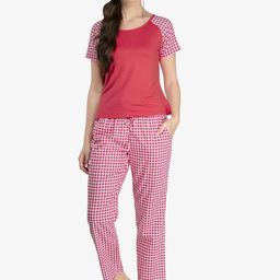 evolove Women Pink Checked Cotton Night suit-image-84