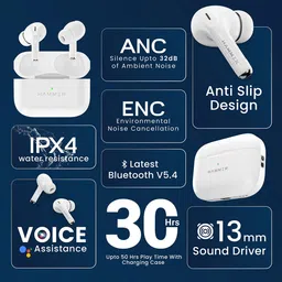 HAMMER White Aero Max TWS Bluetooth Calling Earbuds with ANC and ENC Technology image 5