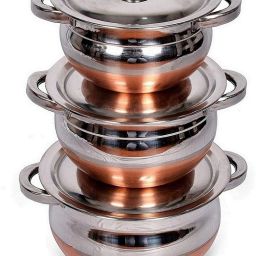 strobine Pack of 3 Steel 3 Copper Serving Bowl, Cooking Pots, Serving Handi, Cookware Handi Set With Lid Dinner Set image 3