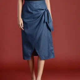 Women Solid Wrap Around Blue Skirt-image-60