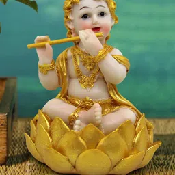 TIED RIBBONS Beige & Gold Toned Polyresin Lord Krishna Idol Showpiece-1