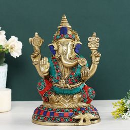 CraftVatika Golden & Red Lord Ganesha Brass Idol Showpiece-image-59
