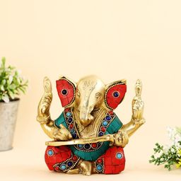 CraftVatika Golden & Red Lord Ganesha Brass Idol Showpiece-image-61
