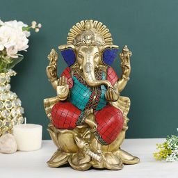 CraftVatika Golden & Red Lord Ganesha Brass Idol Showpiece-image-60