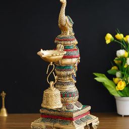 eCraftIndia Gold-Toned Multi Colored Peacock Diya Stand-image-32