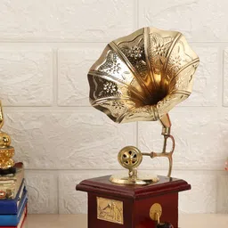 EXIM DECOR Brown & Gold-Toned Embossed Horn Gramophone Showpiece-30