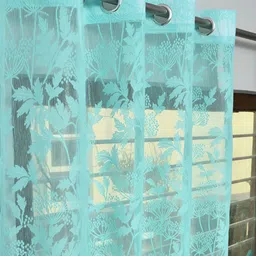 RIDHAAN Turquoise Blue Floral Sheer Long Door Curtain-24