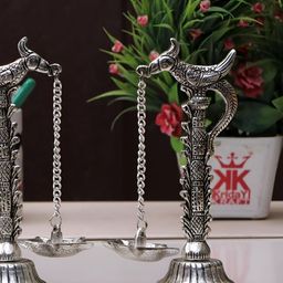Kridaykraft Silver Toned 2 Pieces Peacock Beak Hanging Diyas-0