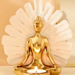 Home Centre Brighton White & Gold Toned Textured Ceramic Yogi Figurine With T-Light Holder-33