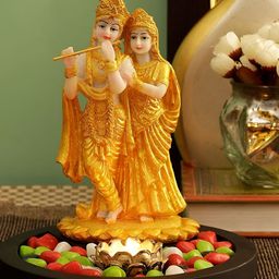 krishnagallery1 Cream & Gold Toned Marble Lord Radha Krishna Murti Decorative Showpiece image 1