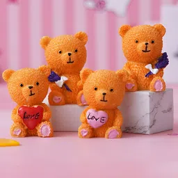 eCraftIndia Brown 4 Pieces Cute Teddy Bears with Love Heart and Flowers Figurine Showpiece-7