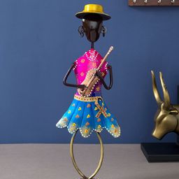 Golden Peacock Pink & Blue Handcrafted & Hand-Painted Lady With Guitar Showpiece-49
