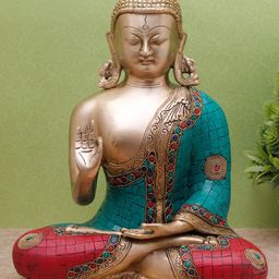 StatueStudio Gold-Toned & Blue Textured Large Buddha Showpiece-image-50