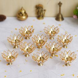 eCraftIndia Gold Toned 10 Pieces Lotus Shape Crystal Brass Diyas-11