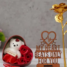 eCraftIndia 7 Pieces Brown & Red Wooden Showpiece With Stand Rose & Heart Shaped Gift Box-14