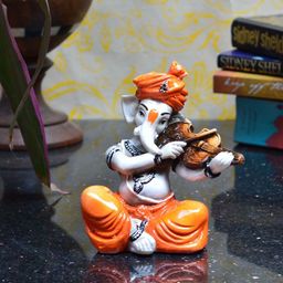 eCraftIndia White & Orange Lord Ganesha Playing Violin Idol Showpiece-image-9