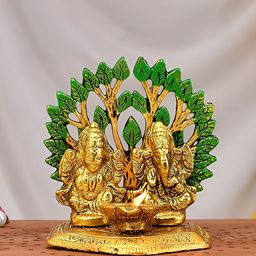 Aura Gold-Toned & Green Religious Diya Lakshmi Ganesha Idol Showpiece-55
