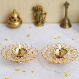 eCraftIndia Gold Toned 2 Pieces Bowl Shape Crystal Brass Diyas-image-69