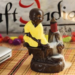 eCraftIndia Brown & Yellow Monk Buddha With Smoke Cone Holder Polyresin Idol Showpiece-image-19