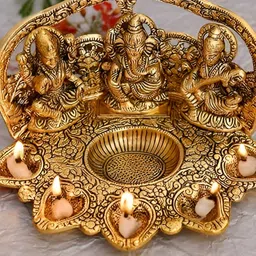 Aura Gold Toned Laxmi Ganesha Saraswati Diya-28