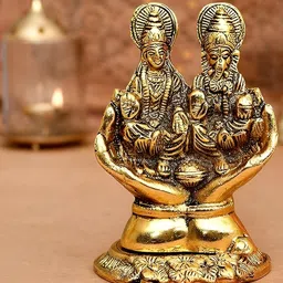 Aura Gold-Toned Religious Palm Ganesha Lakshami Statue Idol Showpiece-53